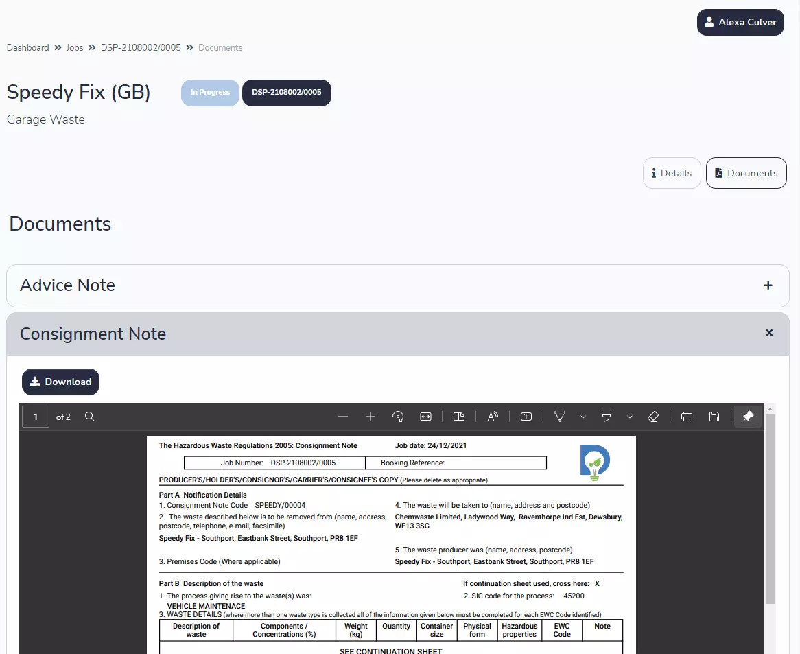 Screen capture showcasing the different documents in Dsposal's Paperwork software