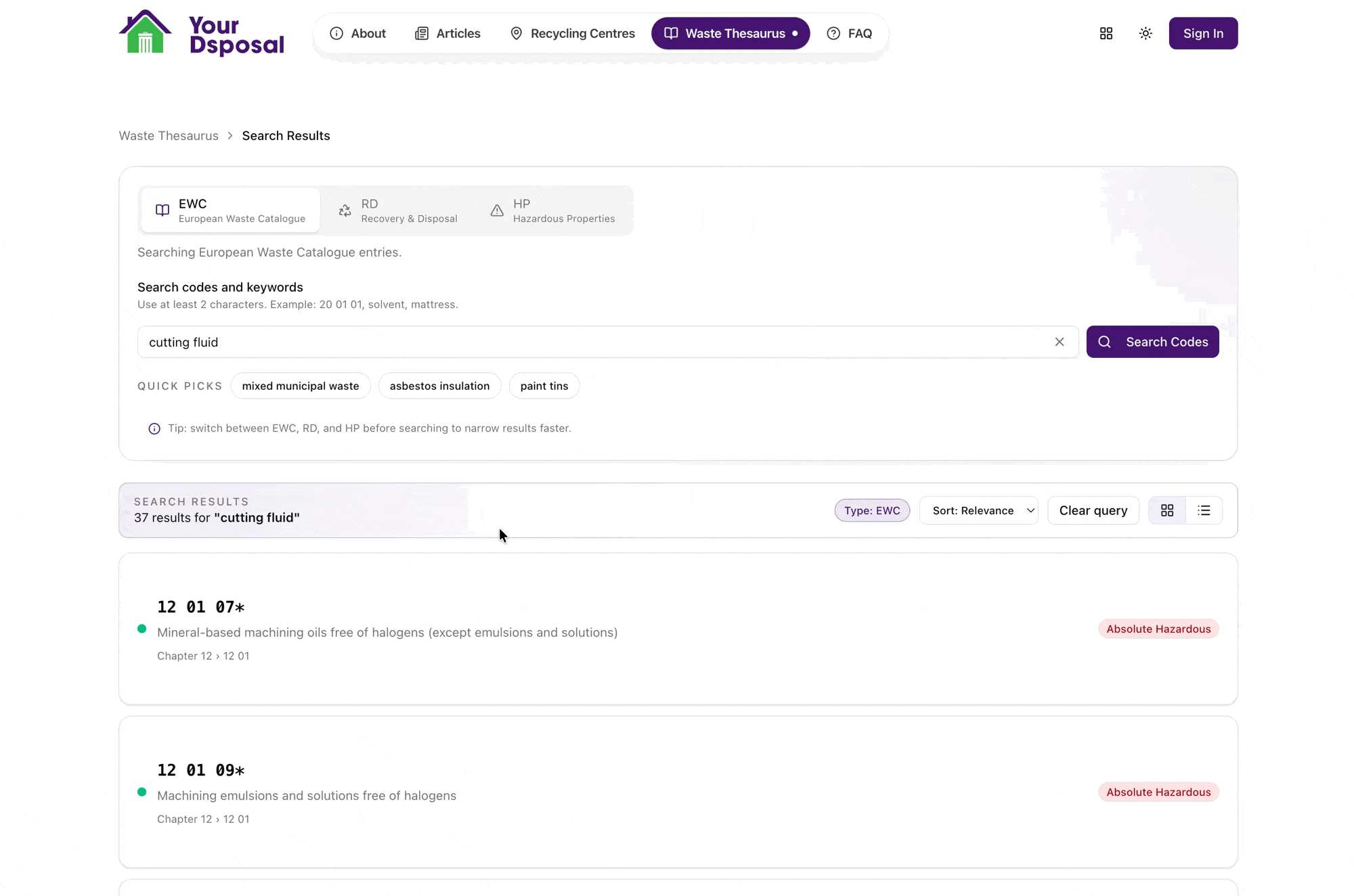 EWC Code Search Using Dsposal with Cutting Fluid Example