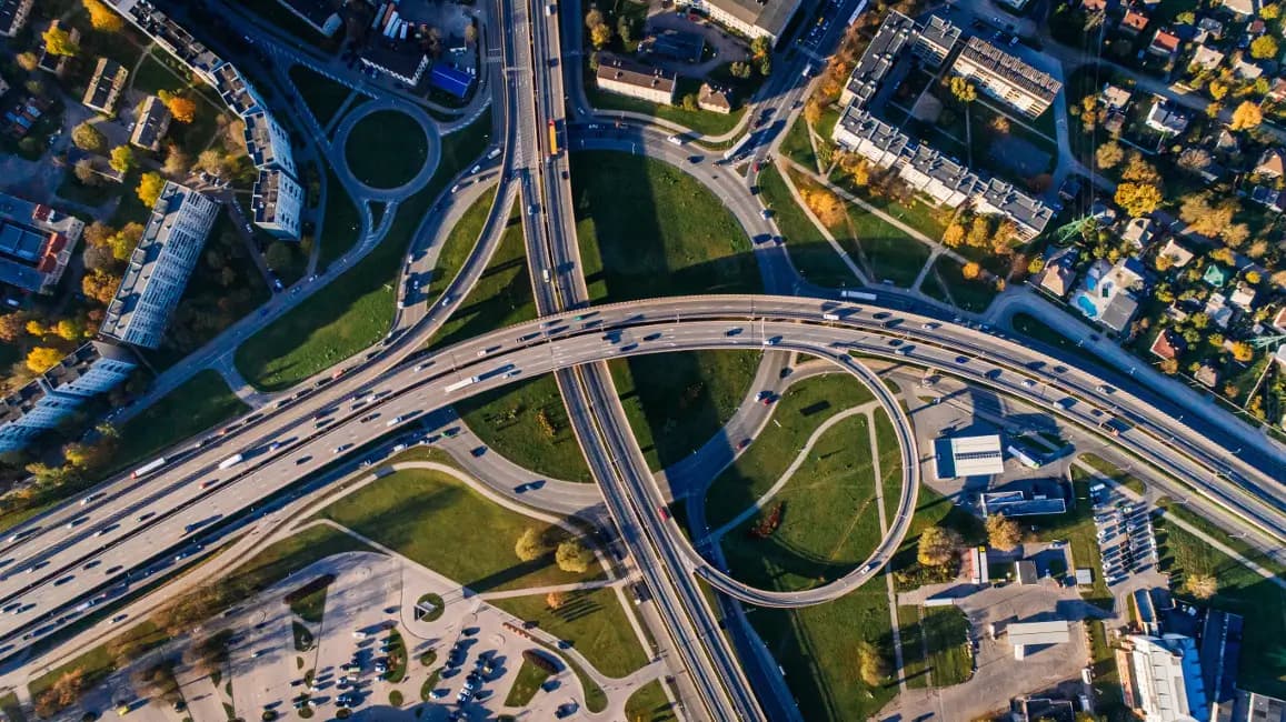 Aerial view of roundabout roads and infrastructure