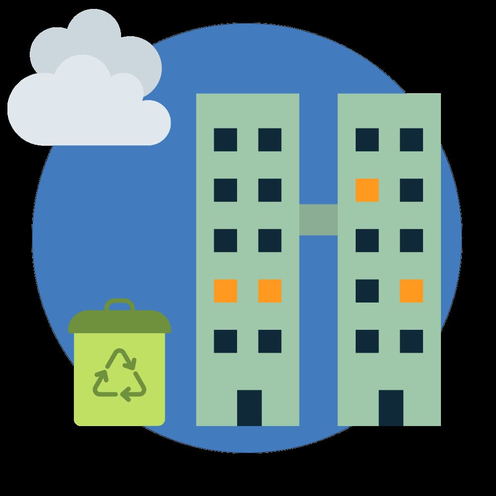 Icon showing a green recycling bin outside a building