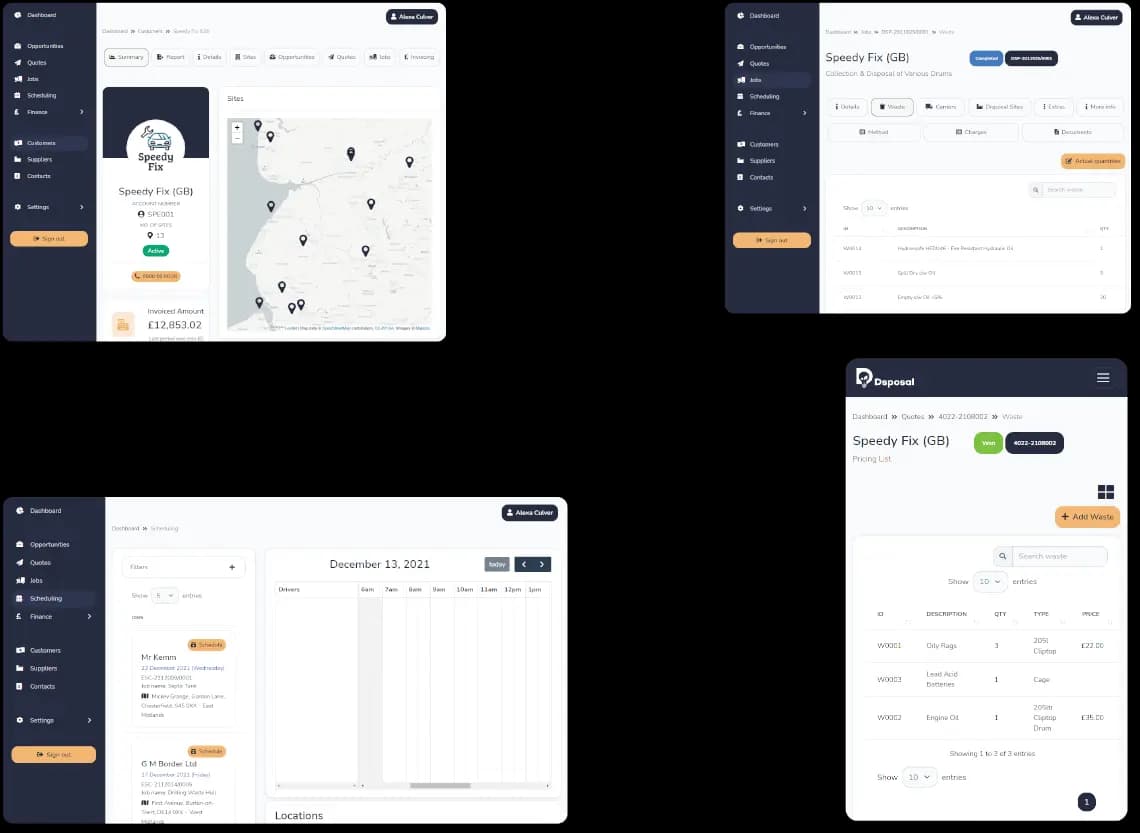 Collage of various screenshots of Dsposal's Paperwork CRM Software for the Waste Industry