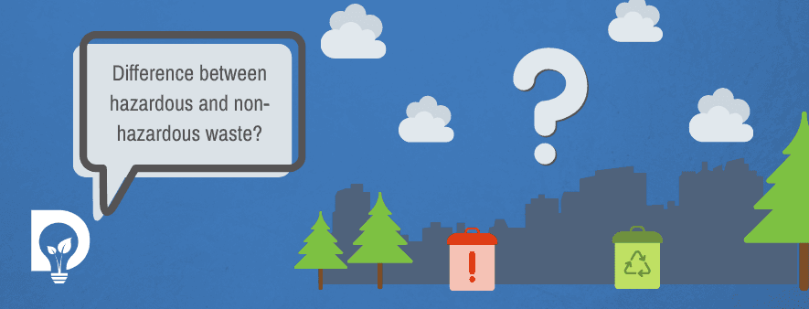 Dsposal what is the difference between hazardous and non-hazardous waste question mark above a red bin and a green bin cartoon