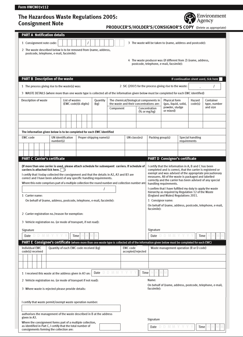 Example of Hazardous Waste Consignment Note