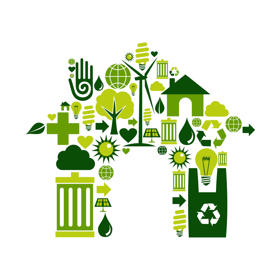collage of various green environmental icons in the shape of a house