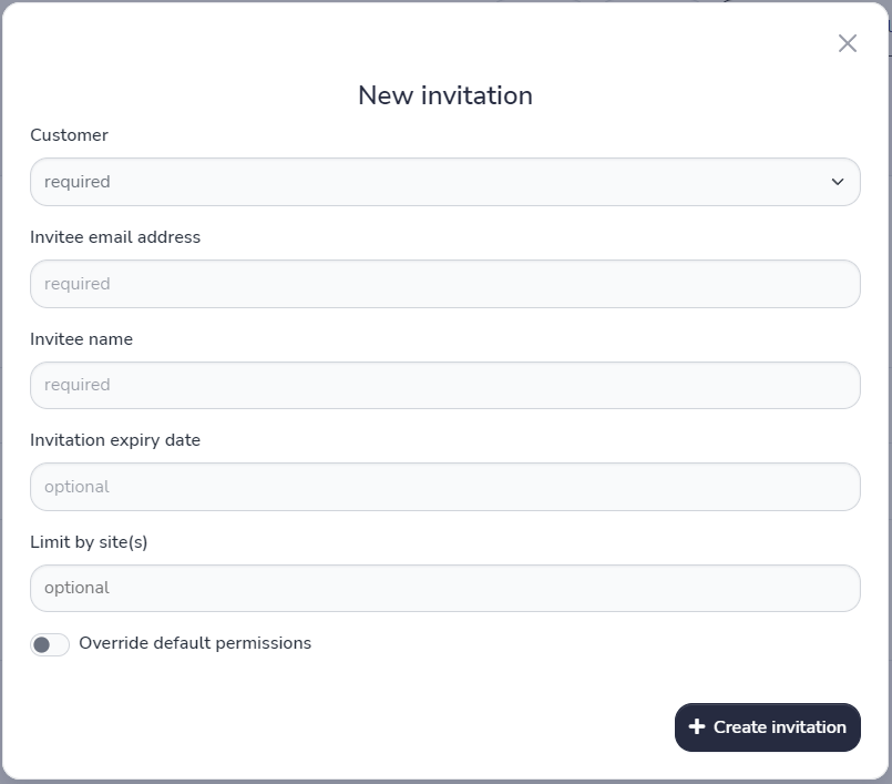 User interface of the customer portal new invitation modal.