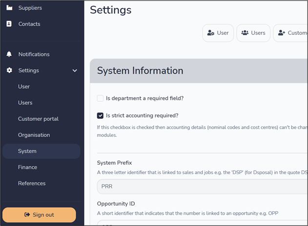 Image showing the strict accounting checkbox options that are within system settings