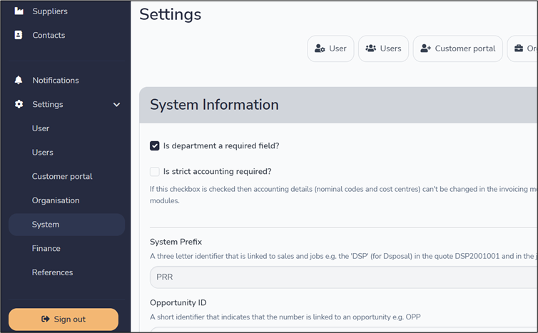 Picture of the "Is department a required field?" checkbox within the system settings