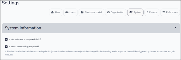 Checkboxes within system settings for both "Is department a required field?" and "Is strict accounting required?". Both checkboxes are ticked.