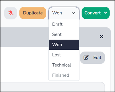 Status dropdown that is between the "Duplicate" and "Convert" buttons. The dropdown is open with "Won" highlighted.