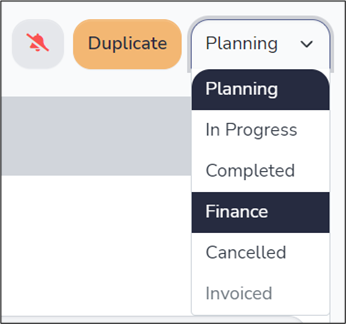 Status dropdown to change Job into "Finance" status. Shows the dropdown next to the "Duplicate" button open with "Finance" highlighted.