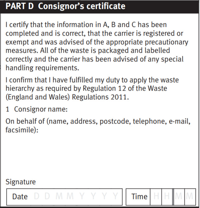 Hazardous Waste Consignment Note Part D