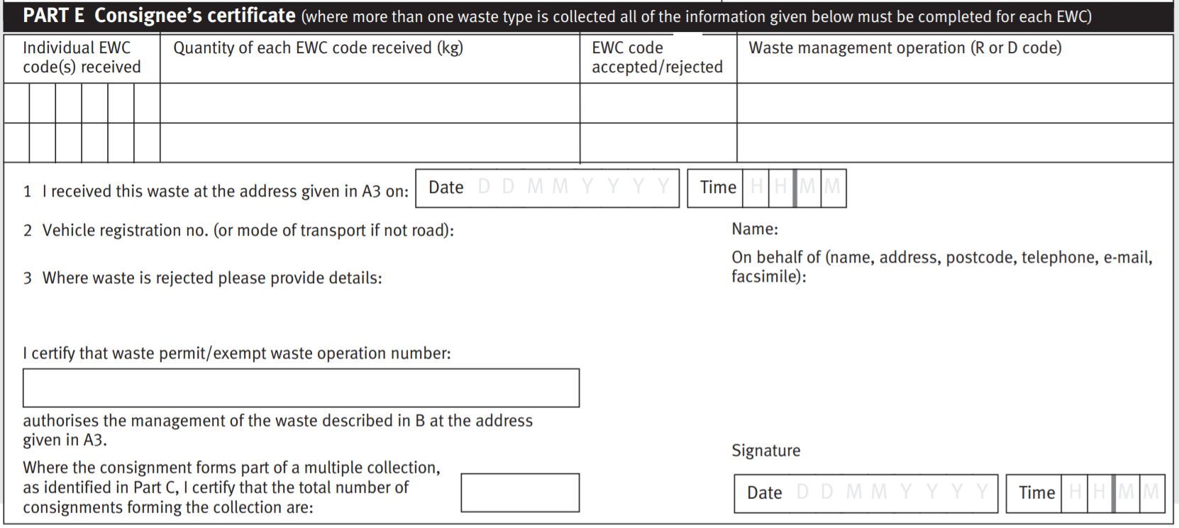 Hazardous Waste Consignment Note Part E