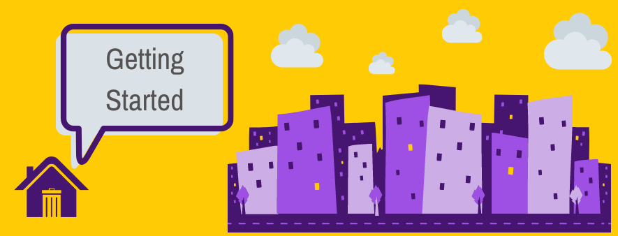 Artwork Getting Start with Your Dsposal purple cartoon cityscape with yellow background and clouds