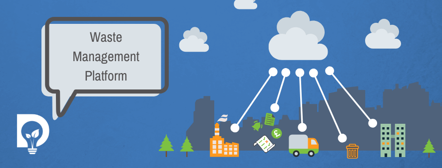 Cartoon image of the Dsposal Icon with speech bubble saying Waste Management Platform and a cloud connecting waste management companies to icons of bells and paperwork then to a waste truck and a bin and finally a block of flats