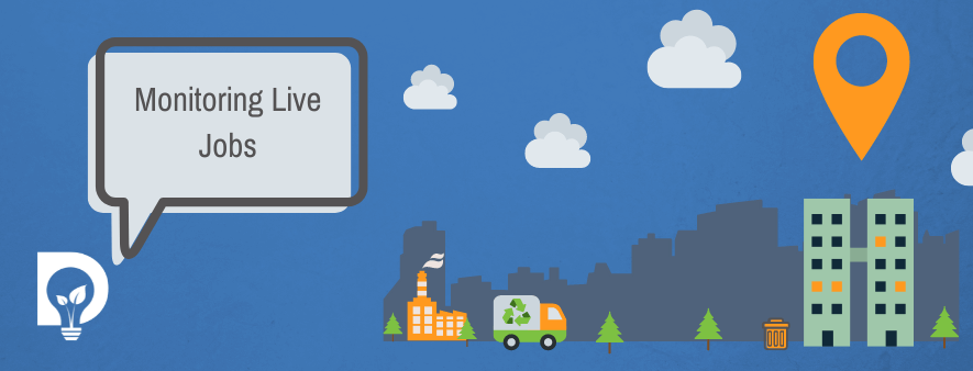 Cartoon artwork of the Dsposal Logo saying Monitoring Live Jobs with a big orange map pin over a waste producer site