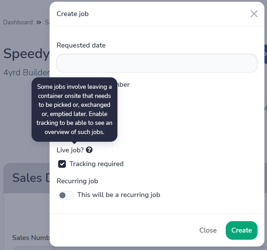 Screen grab of job creation modal showing that the live tracking checkbox is above recurring jobs toggle.