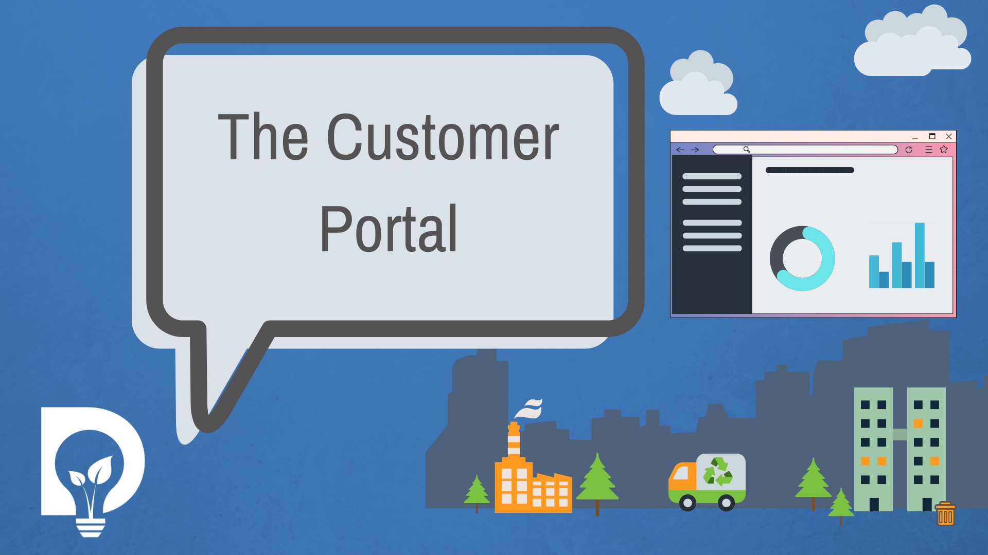 Cartoon artwork of the Dsposal Logo saying The Customer Portal with waste company linked to a rubbish truck and then linked to a waste producing site and a browser with a piechart and a bar graph